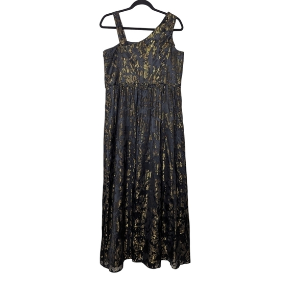 Oleg Cassini One Shoulder‎ Empire Waist Maxi Gown Black Gold 14 - Picture 2 of 8